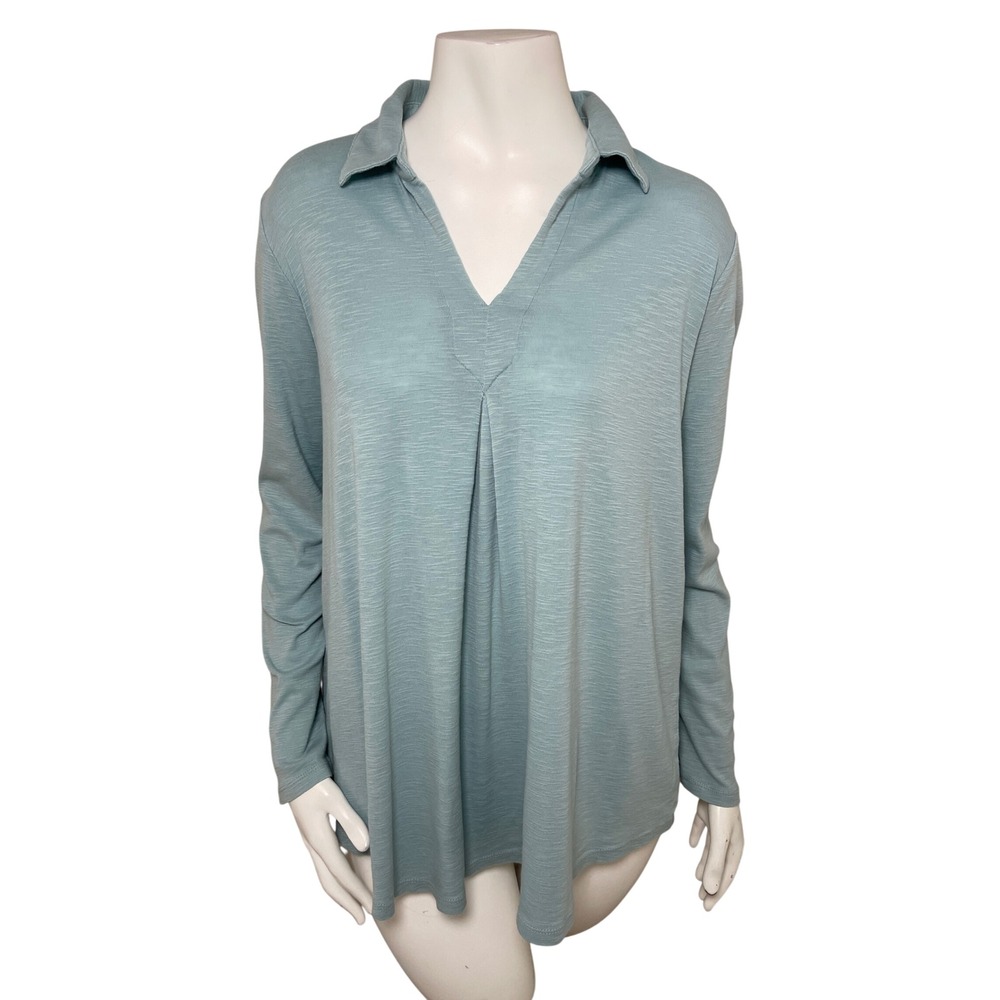 J. Jill 100% Pima Cotton Knit Tunic Light Blue Collar V-Neck Top Womens M